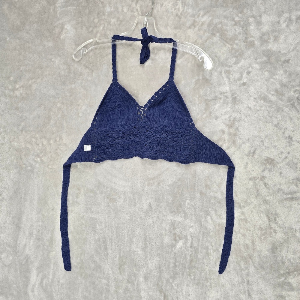 Handmade Crochet Halter‎ L Crop Top Navy Blue Cotton Knit Boho Bralette Festival - Picture 10 of 10
